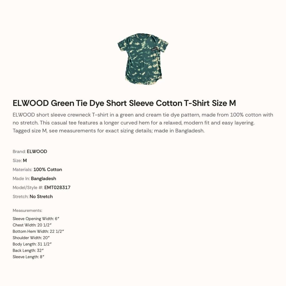NWT New ELWOOD Green Tie Dye Short Sleeve Cotton T-Shirt Men's Size Medium - Picture 5 of 8